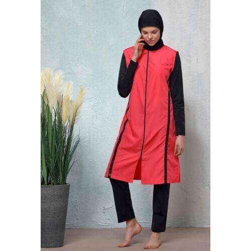 Women Hasema Hijab Modest Muslim Swimwear Garnet Timsel Coif Torsolette Tights Swimsuit Long-Sleeve Full Cover Sea Pool