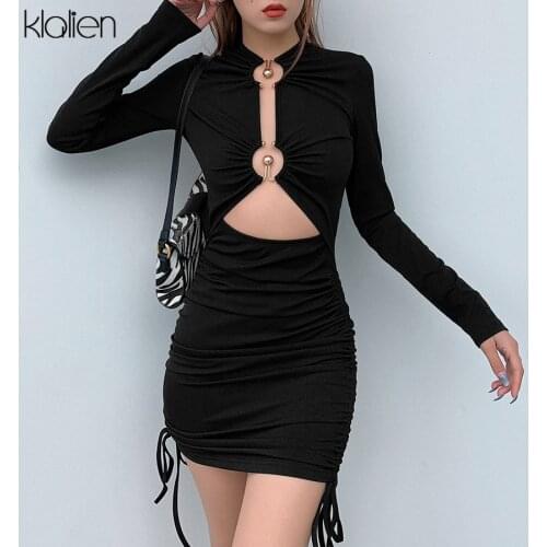 KLALIEN Fashion Sexy Hollow Out Black Rib Knit Drawstring Mini Dress Women Spring 2021 New Office Lady Casual Simple Clothes