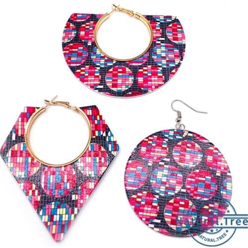 African Style Ethnic Fabric Pattern Wooden Printing Round Drop Earrings For Women Gifts