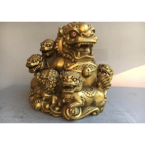 10'' brass folk fengshui decor auspicious beast treasure six fu foo dogs lion