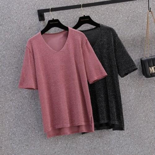M-4XL plus size women Summer thin kintting sweater pullover 2021 short sleeve v neck solid Korea Oversized sweaters T-shirt
