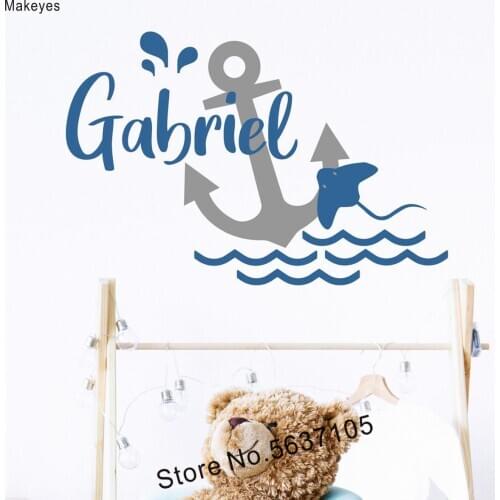Makeyes Anchor Custom Name Wall Stickers Ocean Theme Personalized Baby Kids Name Vinyl Wall Decals Art Design Wallpaper Q400