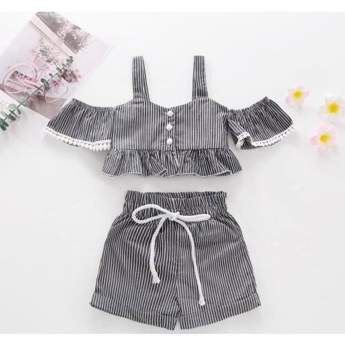 Toddler Baby Girls 2Pcs Summer Outfits Strap Off Shoulder Striped Button Tops With Pearl Button + Drawstring Shorts Toddler Set