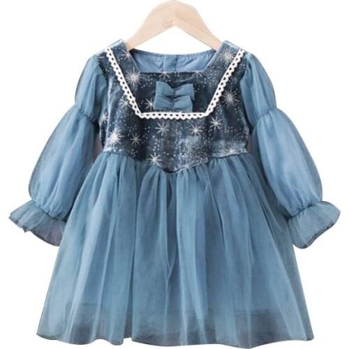 2021 Autumn Girls Kids Princess Dress Children Long Sleeve Bow Lace Mesh Birthday Party Vestidos Toddler Snowflake Clothing