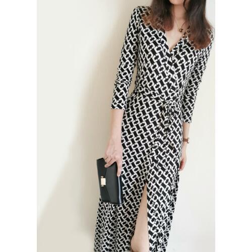 Autumn Fall New Collections Black And White Knitted Silk Wrap One Piece Elegant Dress Ankle-Length Silk Sexy Chic