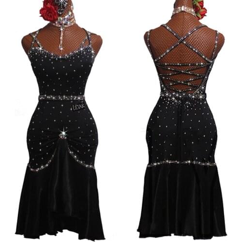 Latin Dance Dress Rhinestone Strap Back Sexy Black Dress Competition Clothing Rumba Samba Ballroom Dancing Costume Wear BL6892