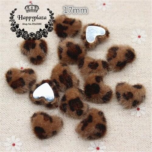 50pcs Cute Leopard Hariy Fabric Covered Heart Buttons Home Garden Flatback Cabochon Crafts Scrapbooking DIY,14*17mm