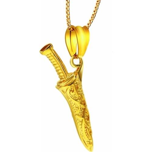 RIR Stainless Steel Gold Men Knife Dagger Pendant Necklace Military Survival Weapons Jewelry