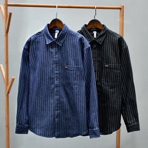 1257 Vintage Striped Casual Shirts For Men Autumn New Style Square Collar Pockets Long Sleeve Business Casual Loose Thin Coat