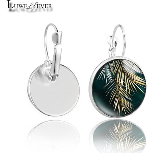 New 629 Golden Leaves 16mm Glass Bronze Metal Earring Round Cabochon Stud Earring Charm Jewelry For Women Gift