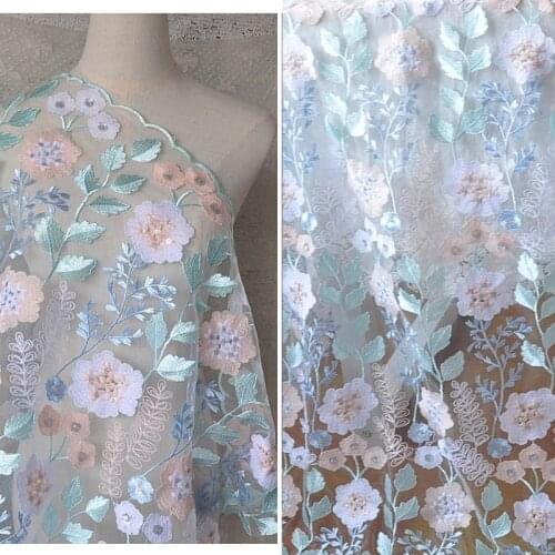 Sequin embroidery blue flowers leaves lace fabric color net gauze garment fabric DIY wedding dress skirt cloth