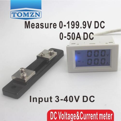 DC 0-199.9V 0-50A Dual LCD display DC Voltage and current meter voltmeter ammeter range Blue backlight DC 3~40 Input With shunt