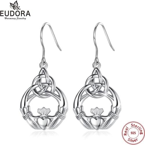 EUDORA Genuine 925 Sterling Silver Claddagh Celtics Knot Drop Earring Crown & Heart Dangle Earrings for Women Fine Jewelry CYE65
