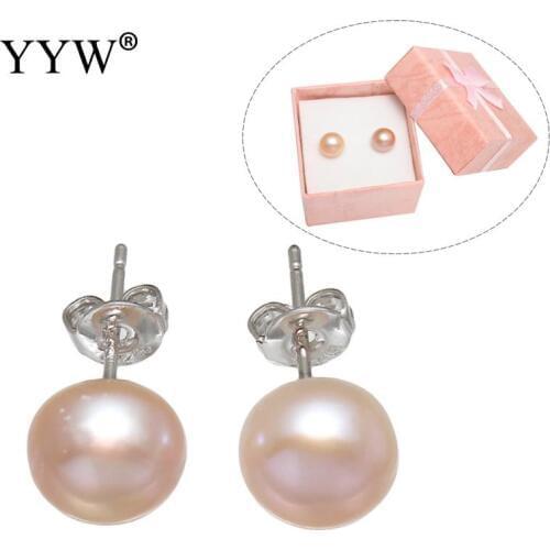 YYW 8-9 mm 100% Natural Freshwater Pearl Earrings Jewelry Stud Earrings With Boxes For Women Gift