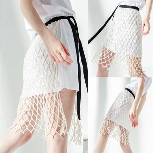 MXMA Women Boho Imitation Pearl Beaded A-Line Skirt Waist Chain Lace-Up Ribbon Bow Layered Hollow Out Mesh Net Cover Up Sash