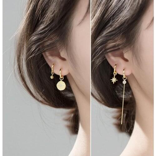 Genuine 925 Sterling Silver Summer Asymmetrical Star Beads Tassels Hoop Earrings For Women Wedding Jewelry DA1171