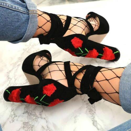Floral Embroidered Lace-up Chunky Heels Women Sandals Peep Toe High Platform Ankle Wrap Gladiator Sandals Shoes Women 2019