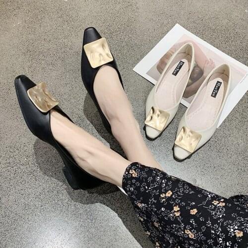 Pointed Toe Women Shoes Woman Fashion 2020 New Retro Flat Shoes Slip on Shallow Square Metal Buckle Solid Leather Casual Shoes
