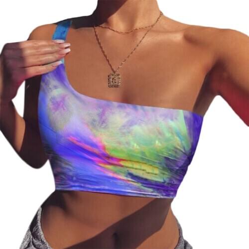 Women Sexy Sleeveless One Shoulder Crop Top Neon Rainbow Tie Dye Slim Tank Vest F3MD
