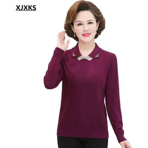 XJXKS 2021 autumn winter new fashion lapel women long-sleeved sweater high-quality wool knitted sweater women diamond pullover