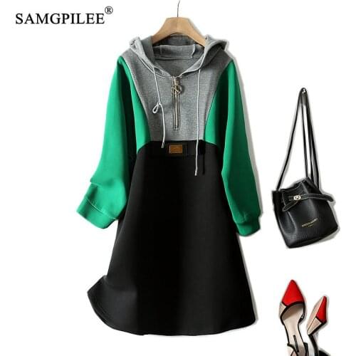 Elegant Dresses For Women 2021 New Space Cotton Patchwork Hooded Collar Korean Style Loose Knee Length Casual Sweatshirts Dress
