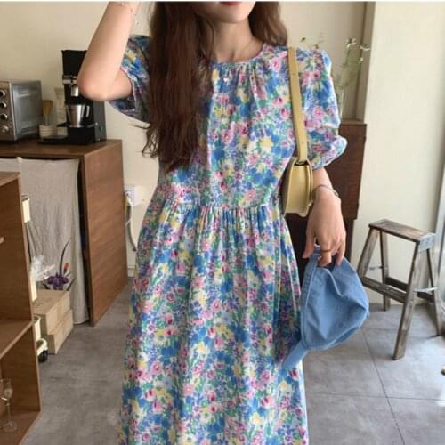 2021 Women Summer Dress Sweet Oil Panting Flower Long Dress High Waist Puff Sleeve Pleat Dresses Woman Clothing Pullover 14540
