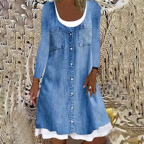 Casual Retro Printing Women O Neck Loose Dress Autumn Long Sleeve Patchwork Party Dress Streetwear Plus Size Female Dress S-5XL