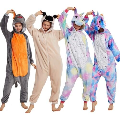 Winter Kids Kigurumi Dinosaur Unicorn Pajamas Animals Girls Boys Pyjamas Falnnel Soft Warm Onesie Pajama Adult Jumpsuit Pyjama