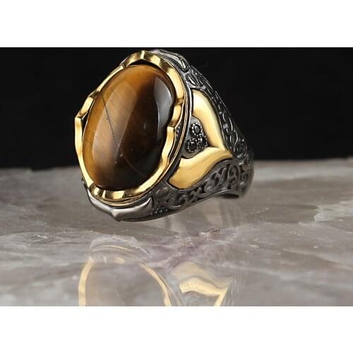Gold Plate Natural Tigereye Stone 925 Silver Engraved Traditional Ring Handmade Turkish Rings Rock Jewelry Gift for Women Men