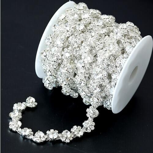1yard 91.5cm SS8+SS34 Rhinestones Cup Chain Silver Claw Crystal Sew on Rhinestone Cup Chain With Sliver Base Wedding Dress B0631