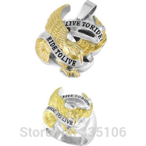 Free shipping! Gold Live To Ride Eagle Biker Ring and Pendant Stainless Steel Jewelry Motor Biker Jewelry Set SWR0183RP