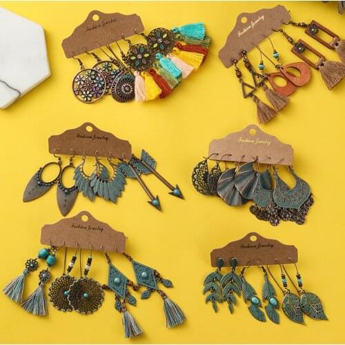 Bohemia Geometric Bronze Brown Earrings Sets Vintage Long Natural Wooden Stones Fringe Tassel Earrings for Women Girls Jewelry