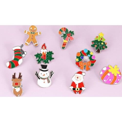 HOSENG 11Pcs/Lot Happy Merry Christmas Cartoon Brooch Gift For Women Man Party Enamel Pin Pink Box White Snowman HS_763