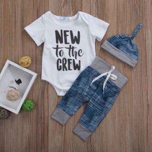 Free shipping Newborn Kid Boy Girl Romper Short Tops+Long Pants+Hat Outfit Babysuit 3pcs Set