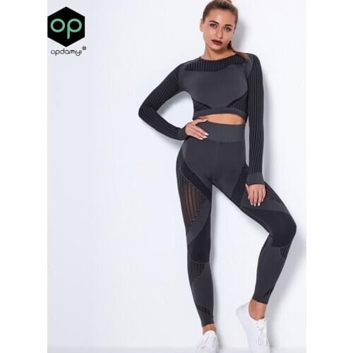 2-Piece Womens Seamless Mesh Quick-Drying Sports YogaLong-Sleeved Striped Fitness Trousers Leggings Home Gym Yoga Clothing Set