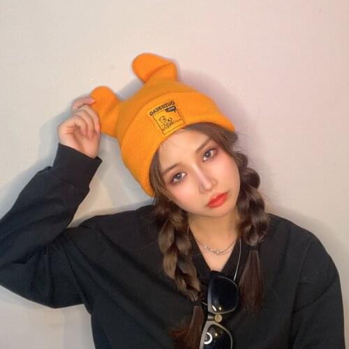 Korean Fashion Letter Knitted Hat For Women Winter Cute Ear Warm Harajuku Wool Caps Retro Solid Color Animal Cartoon Unisex Caps