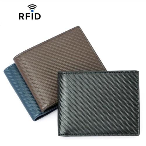 Bisi Goro Genuine Leather Mens Card Holder Carbon Fiber Grain Anti-theft Brush Wallet Cowhide Short RFID Wallet Customized logo