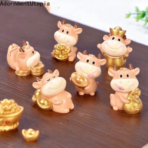 2PCS Cute Golden Bull Cow Small Statue Little Figurine Resin Crafts Figure Ornament Miniatures