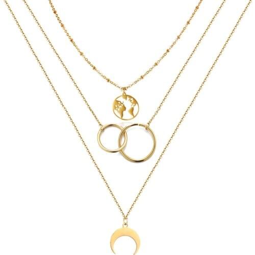 Stainless Steel Multilayer Chain Layered Necklaces For Women Girls Double Circle Moon Earth Choker Necklaces