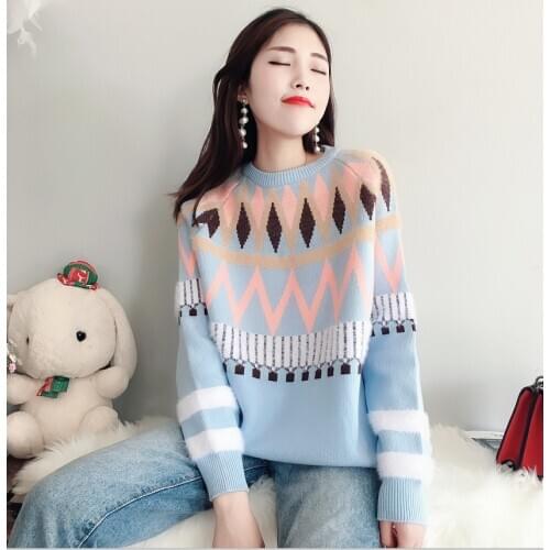 2019 Autumn And Winter New Product Korean Concise Neck Sable Spelling Color Rendering Knitting Upper Pullover Student Woman