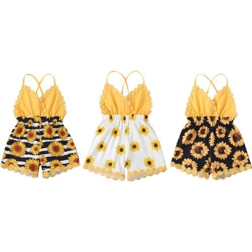 New Kids Jumpsuit, Girls Sunflower Print V-Neck Sleeveless Playsuit Spaghetti Strap Romper for Summer, Black/White/Yellow