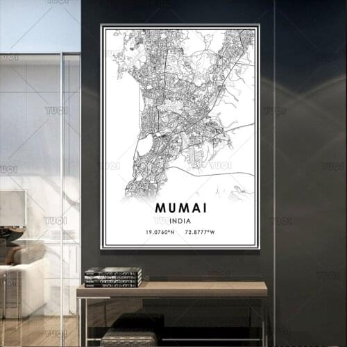 Map print poster canvas poster canvasWorld Map MUMAI Black White MapPoster Picture Home Decor Wall Pictures For Living