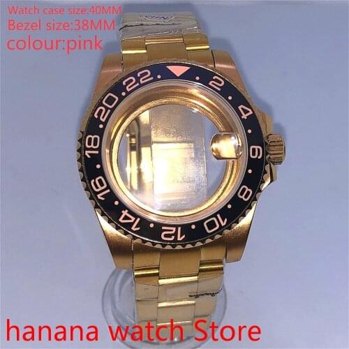 Suitable for pearl automatic winding 40mm sapphire glass transparent back gold box series, with rotating beze pink