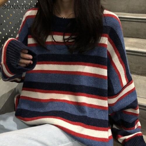 Pullovers Women Striped O-Neck Long Sleeve Loose Chic Harajuku Korean Style All-match Jumper Simple Womens Pullover Sweater Chic