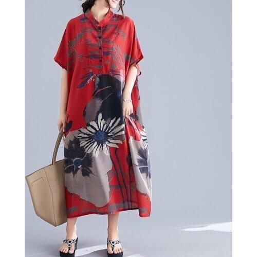 Plus Size Vintage Dresses Summer 2021 New Chinese Style Women Summer Beach Boho Maxi Dress Ladies Floral Retro Vestidos 11526