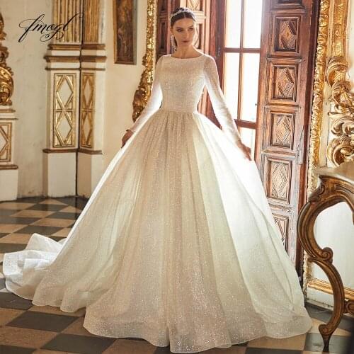 Fmogl Luxury Long Sleeve Lace Vintage Wedding Dresses 2021 Sexy Backless Button Court Train A Line Bridal Gowns Plus Size