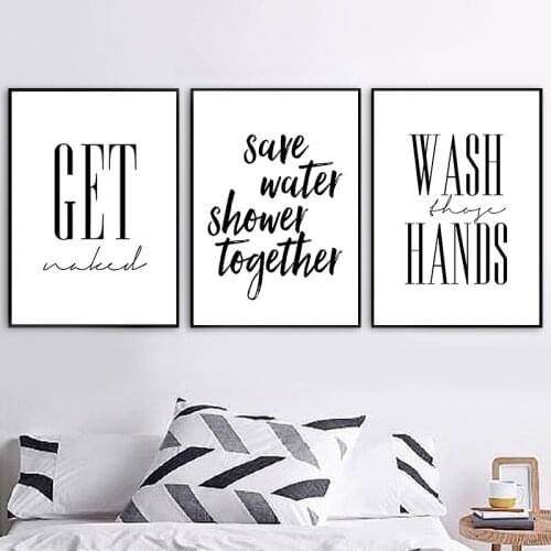 Modern Black White Wash Hands Save Water Quote Canvas Painting Print Get Wall Art Home Decor Naked Quote Bathroom Poster