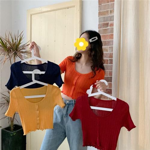 Cropped V Neck Knitted Jacket Short Sleeve Girl Fashion Tops Slim Short Sweater Women Summer Clothing T-Shirt