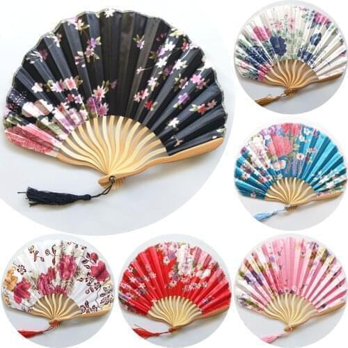 Vintage Style Silk Folding Fan Chinese Japanese Bamboo Hand Fan Home Decoration Birthday Present Event Party Dance Gift Ornament
