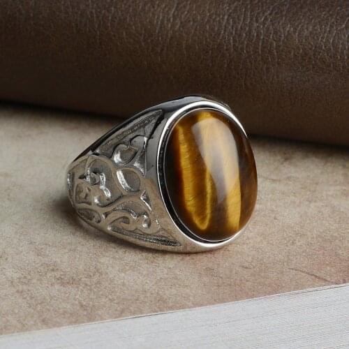 Vintage Stainless Steel Brown Tiger Eye Stone Ring For Men Turkish Handmade Spiral Engraved Statement Ring Retro Wedding Band
